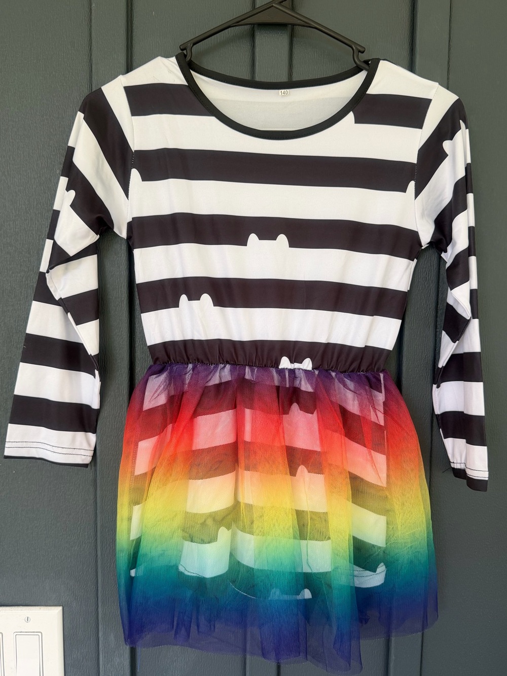 Gabby’s Dollhouse inspired Black and White striped dress w/ rainbow tulle skirt